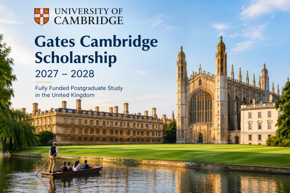 Exterior view of historic University of Cambridge architecture with green lawns and river bank