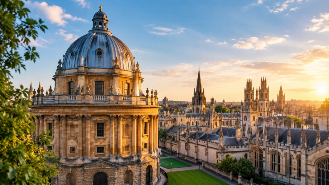 Historic Oxford university buildings at sunset for the Rhodes Scholarship guide